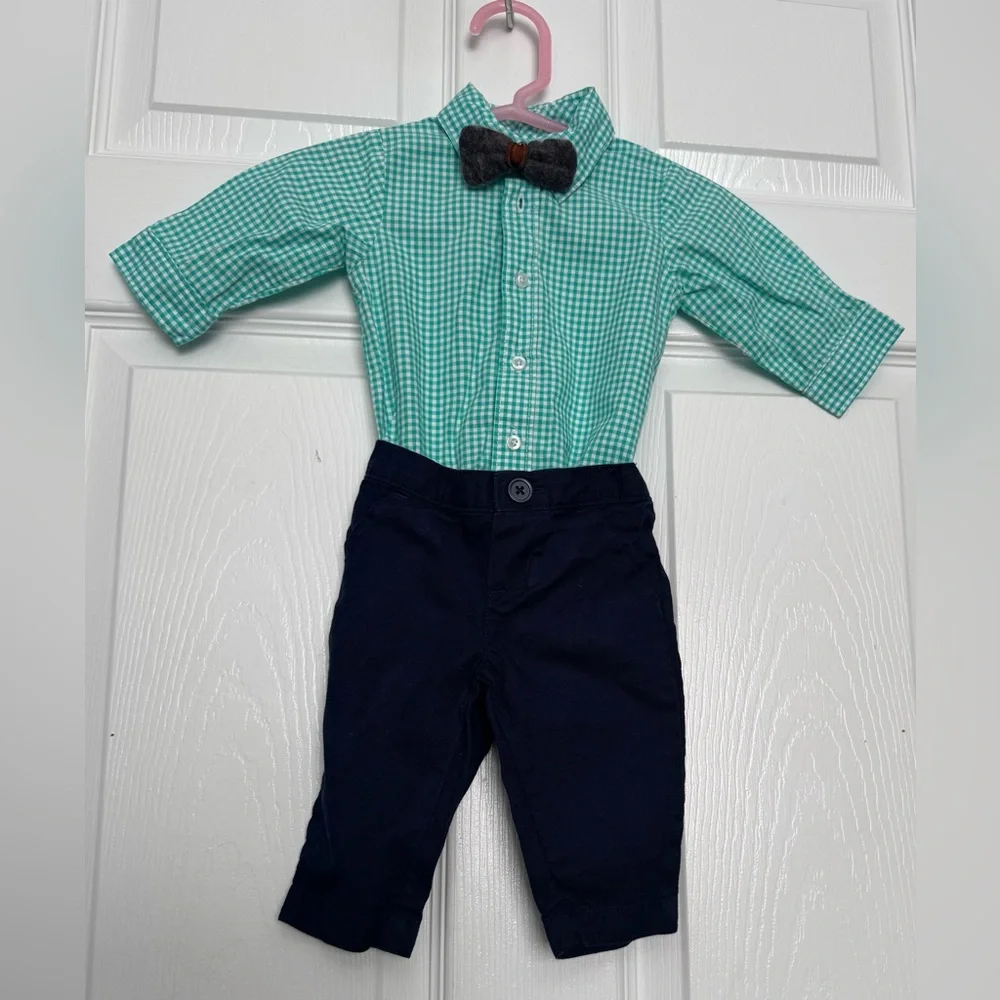 Carter's Baby Boy 3M Green Gingham Dress Shirt Navy Pants Bow Tie 3 Piece Set